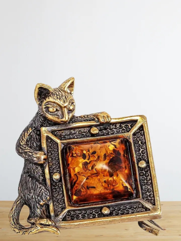 Cat brooch with picture Amber Cat jewelry Animal brooch unique handmade jewelry gold antique brass costume jacket brooch