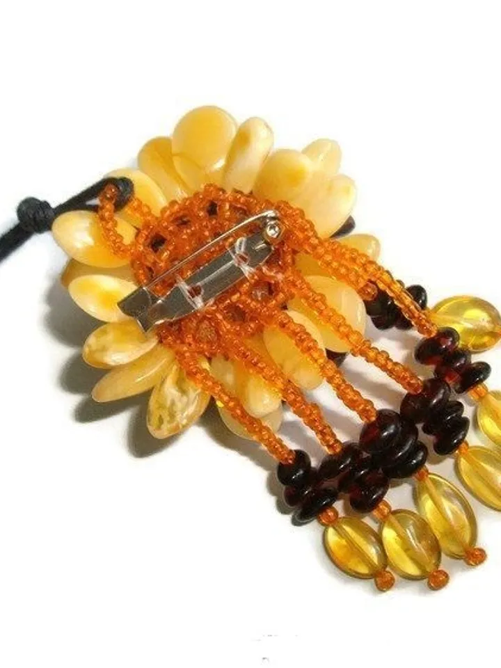 Amber Flower Jewelry Pendant and Brooch Baltic Amber Flower Necklace Birthday Mother's Day Christmas Gift for Women Mom Holiday Handmade Jewelry
