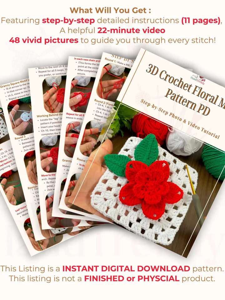 3D Crochet Granny Square Pattern PDF with Red Textured Bloom, DIY Afghan Blanket Motif, Instant Digital Download