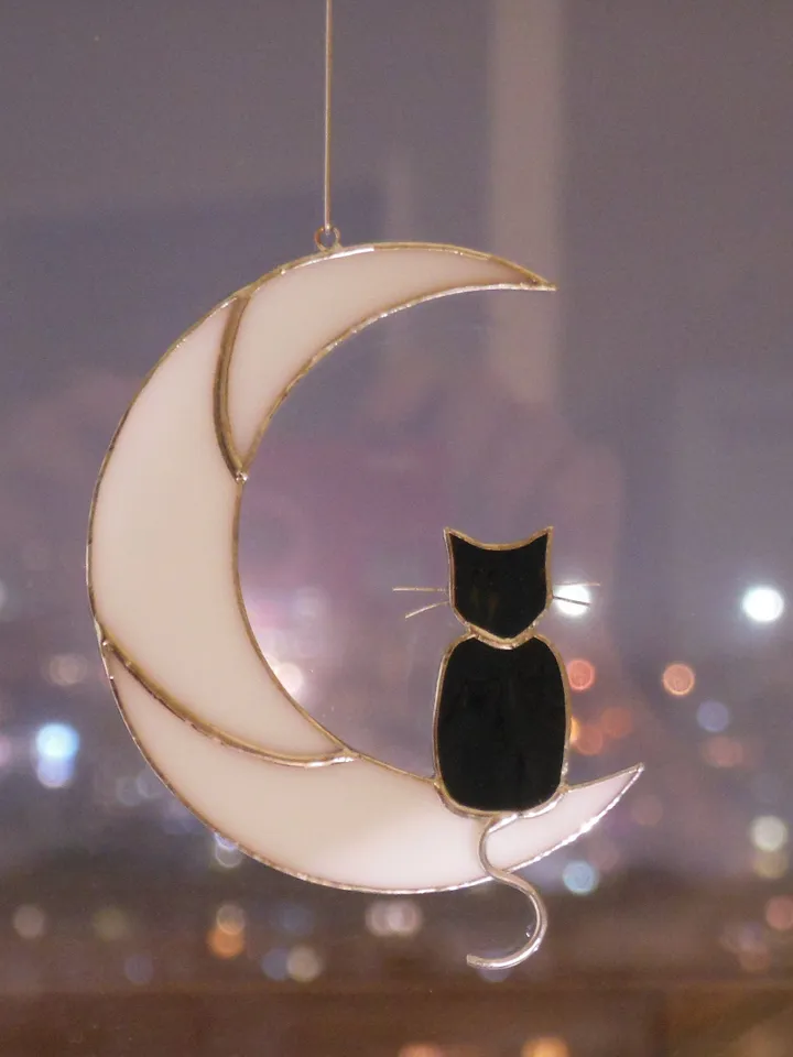 Black Cat On The Moon . Art stained glass window hanging Suncatcher . Gift for animal lover , pet loss memorial . White and black