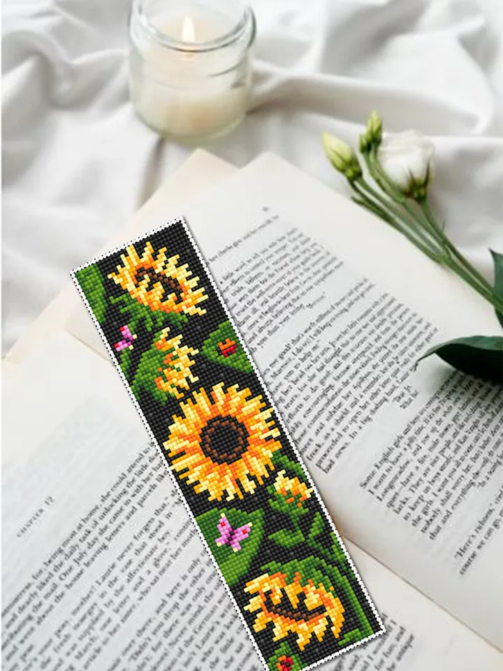 Flower bookmark sunflower cross stitch pattern download PDF Handmade bookmark digital PDF Floral cross stitch chart, Sunflower pattern #B196