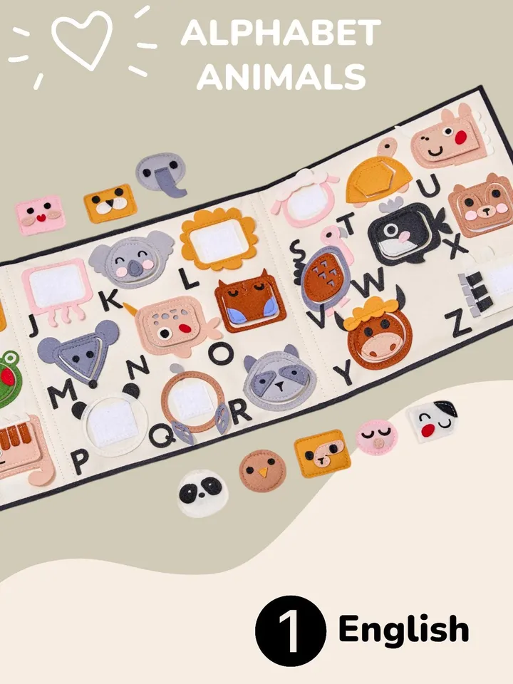 abc felt activity ENGLISH, FRENCH, GERMAN alphabet book, montessori quiet book toddler 1,2.3.4 year old, felt animals abc toys, kinderkrama
