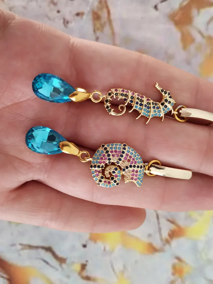 Gold | Turquoise Wedding Earrings with Seahorse and Shell | Beach Wedding Jewelry | Drop Chandelier Statement Bridal Earrings | Gift For Her