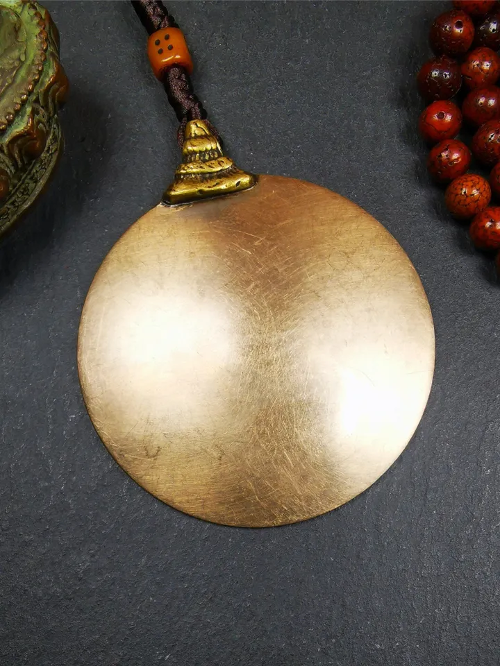 Gandhanra Vintage Tibetan Buddhist Amulet,Melong Mirror, SIPAHO(srid pa ho),Jiugong Bagua Badge,made of Lima Brass,2.48"