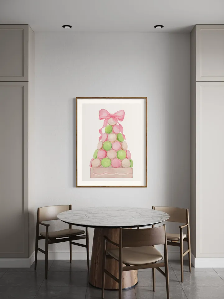 Pink Macaron Bow Print, Watercolor Painting, Pink And Mint, Bakery Painting, Bakery Pink Cupcake, Gift For Her, Watercolor Dessert, Pink Bow
