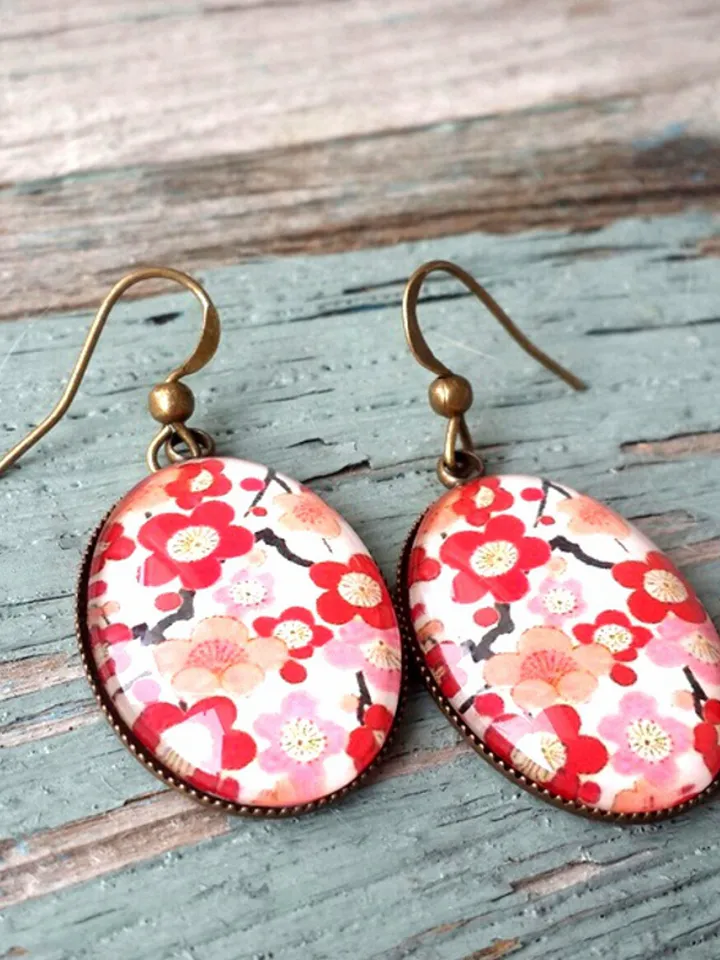 Red flowers earrings dangle, Floral Pattern cabochon dangle earrings