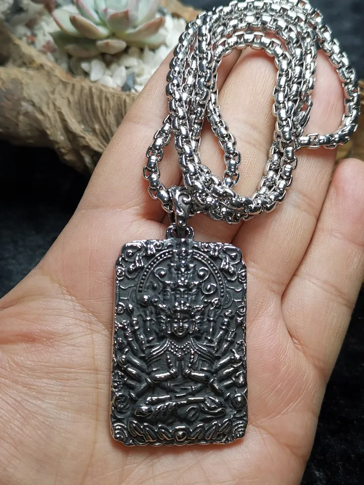 Gandhanra Handmade Titanium Steel Amulet Tag Necklace,Chenrezig,Padmapani,Avalokitesvara, Tibetan Buddhist Jewelry,Protection Necklace