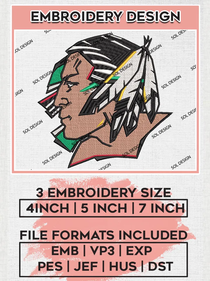 North Dakota Fighting Hawks NCAA Team Head Mascot Logo Embroidery Design Files, NCAA North Dakota Fighting Hawks Machine Embroidery, NCAA Teams, Game Day, 3 sizes, NCAA Machine embroidery designs, Digital Download
