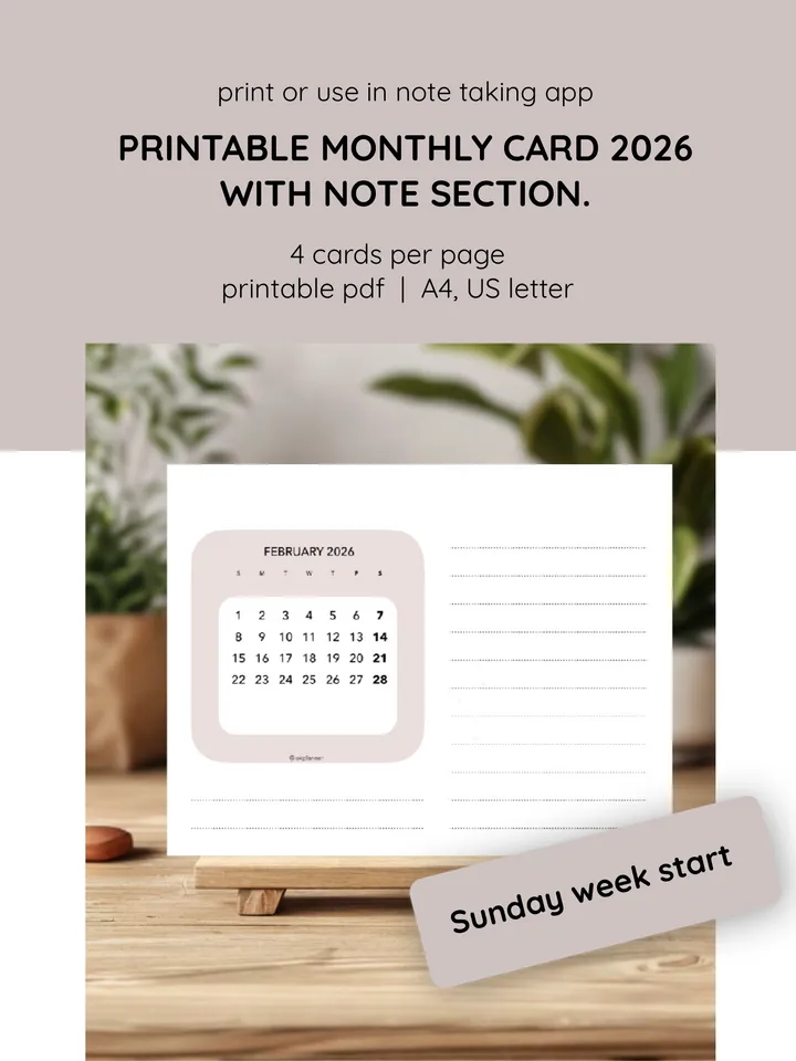 Printable 2026 Monthly Calendar Cards, Minimalist Desk, Wall & Digital Planner Inserts, 2026 Pocket Calendar Postcard, Bookmark, Wall Pin & Office Accessory