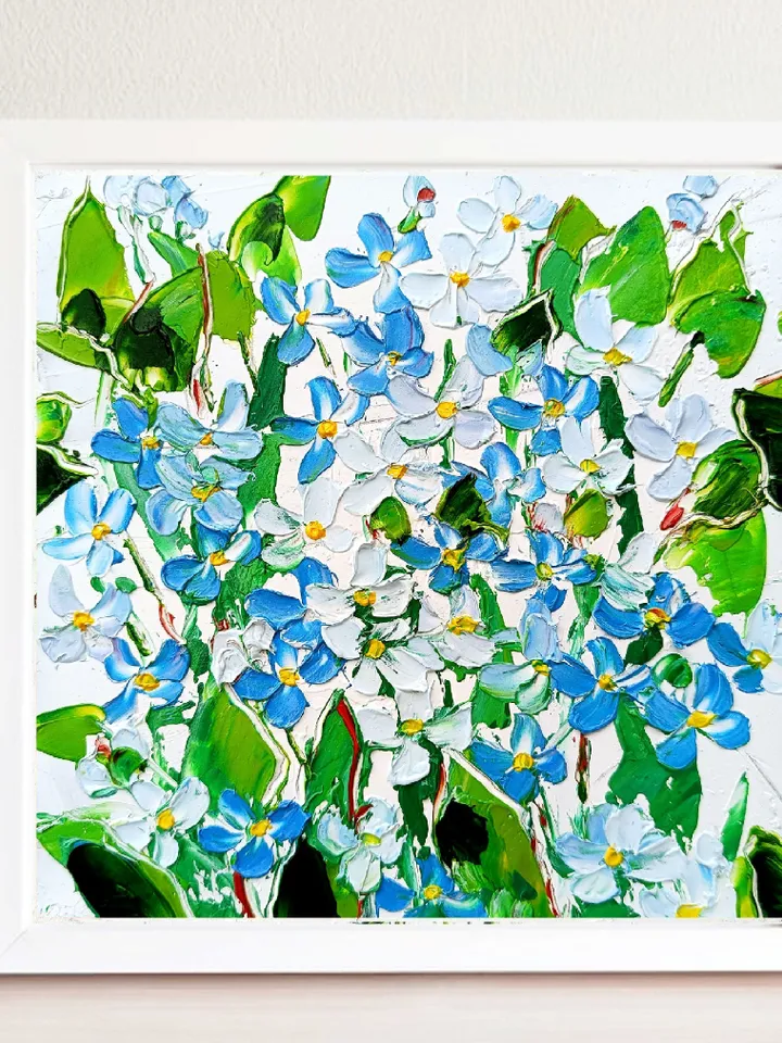 Blue Flowers Oil Painting Spring Forget-me-nots Original Art Botanical Impasto Art Home Neutral Decor Mother's Day Gift by ArtProkopaloSv