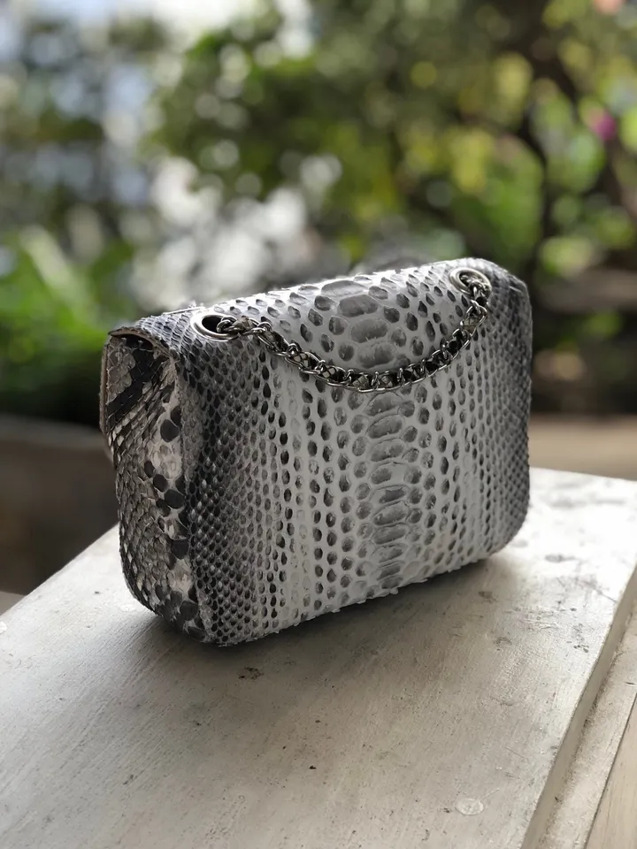 Genuine Python Skin Small Crossbody Leather Bag | Classy Small Crossbody Chain | Grey Light Small Crossbody Summer Elegant Classy Women Bag