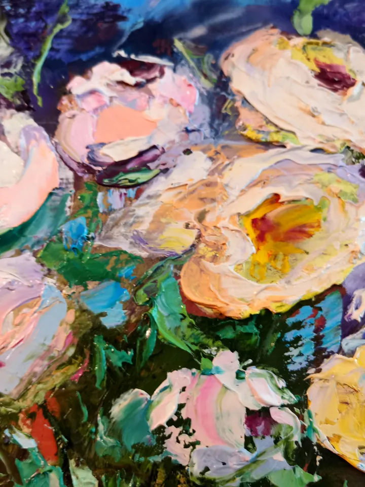 Peonies Glass Vase Candy Oil Painting Flower Impasto Original Artist Svinar Oksana