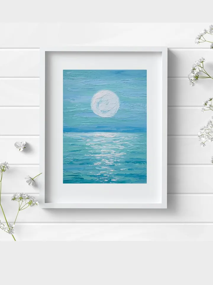 Moonlit night original art Seascape oil painting Blue Turquiose ocean wall art