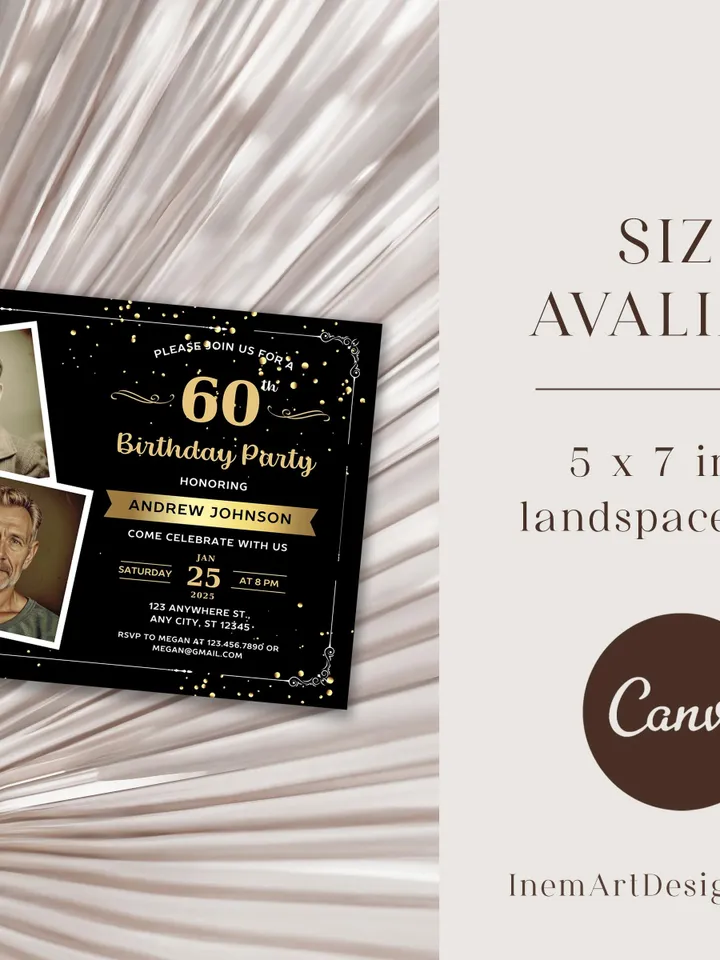 60th Birthday invitation with Photo | Adult Birthday Photo Invite | Mens birthday Black Gold landscape invitation card | Canva template