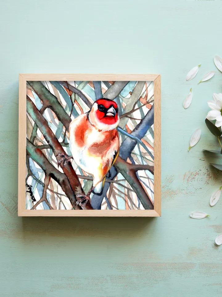 Goldfinch original watercolor, birds painting, handmade wall decor, 5.7x5.7 in art for bird lovers by Anne Gorywine