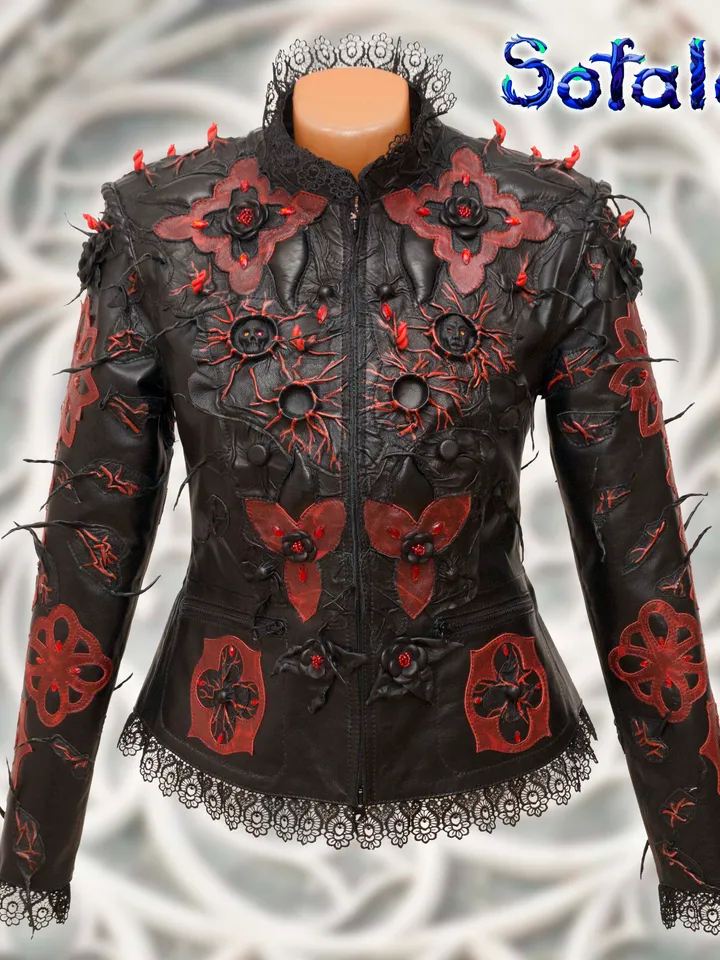 Women's Genuine leather jacket gothic aristocratic style red black color, leather clothes by Sofalee