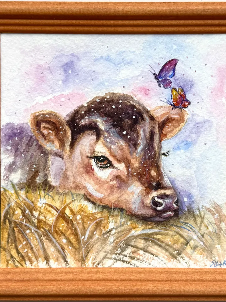 Cow Painting Original Watercolor Painting Farm Art Gift Small Animal Artwork Illustration 5 by 5