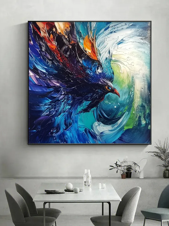 Hand-Painted Abstract Oil Painting | Vibrant Blue Bird in Motion | Stunning Wall Art with Bold Colors for Living Room Decor