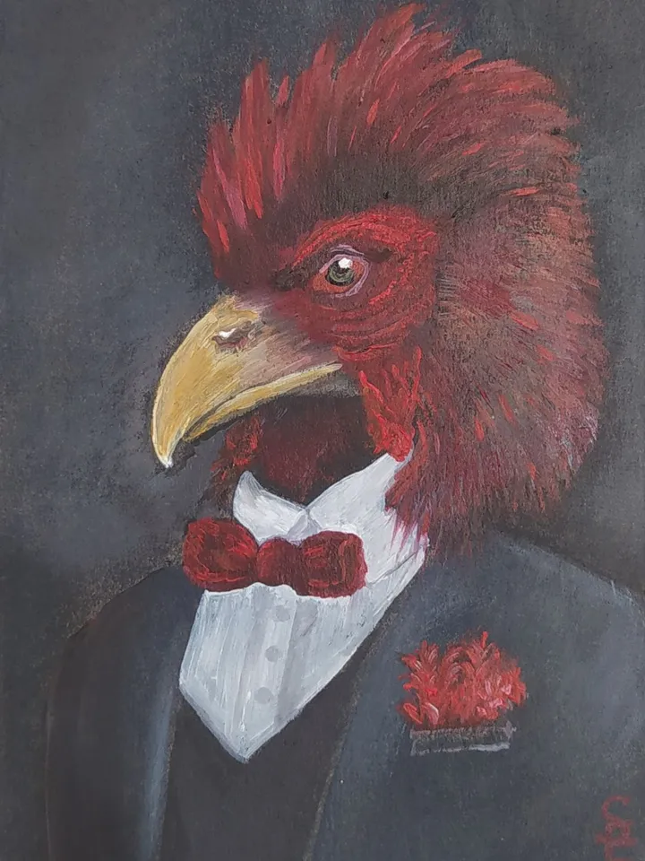 Oil painting "Red Rooster in costume", miniature, about 4*6 inches (10*15 cm)