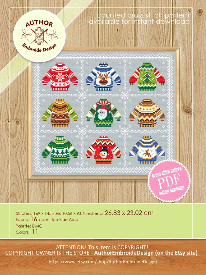 Ugly Christmas sweater cross stitch pattern download PDF Christmas ornament cross stitch chart, Small cute sweater, Holiday pattern PDF #N91