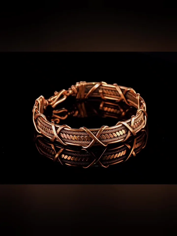Wire wrapped bracelet, Unique 7th 22nd Anniversary gift idea, Art Nouveau antique style, One of kind braided statement bangle, Handmade oxidized pure copper jewelry, Pain relief, EMF protection