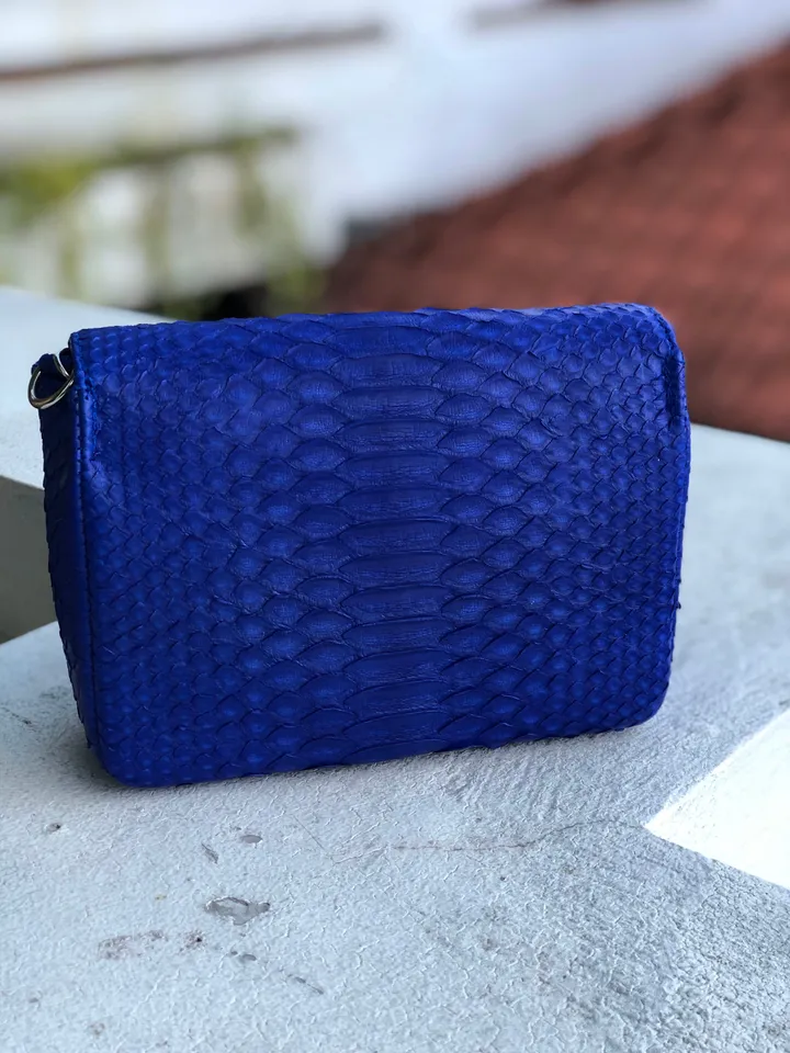 Bright blue Python skin tassel bag | electric blue chain crossbody bag | Leather designer bag | Exotic skin bag | Small crossbody Bag tassel