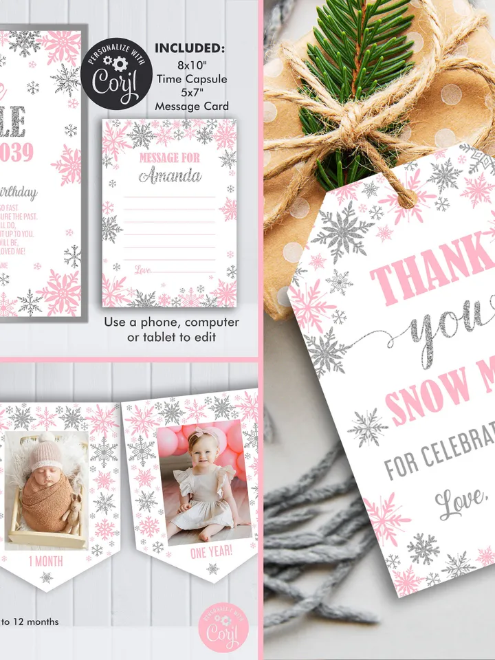 Winter Onederland Birthday Girl Decorations, Winter Onederland Birthday Party Package Bundle, Pink Silver Snowflakes Editable Template