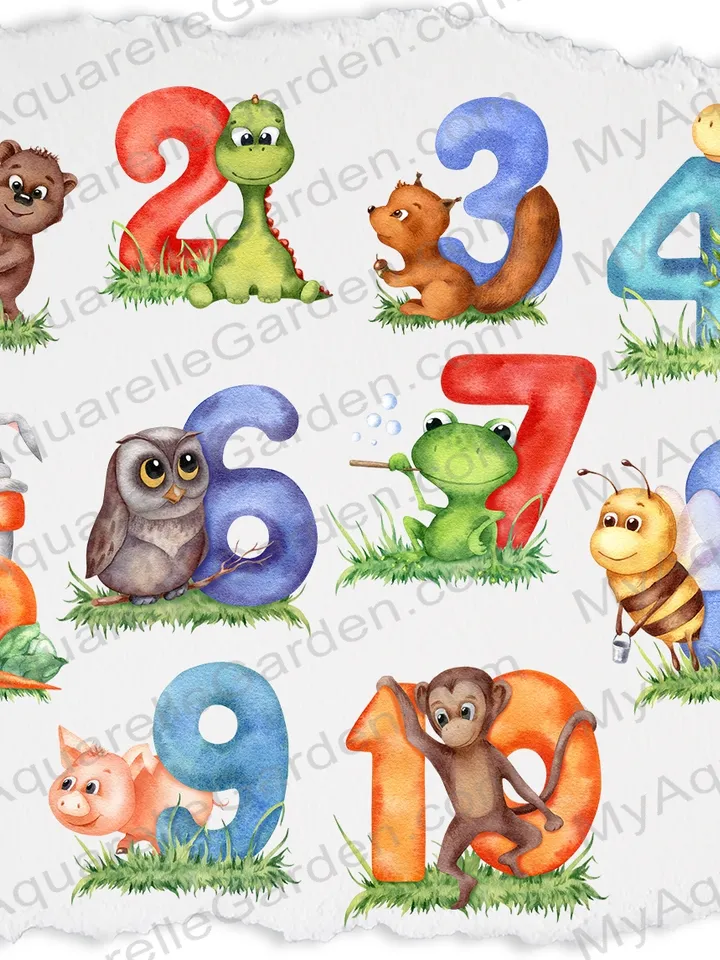 Numbers poster. Cute animals. Watercolor charactres. Printable educational art. Playroom, classroom, nursery decor. Instant download, PNG