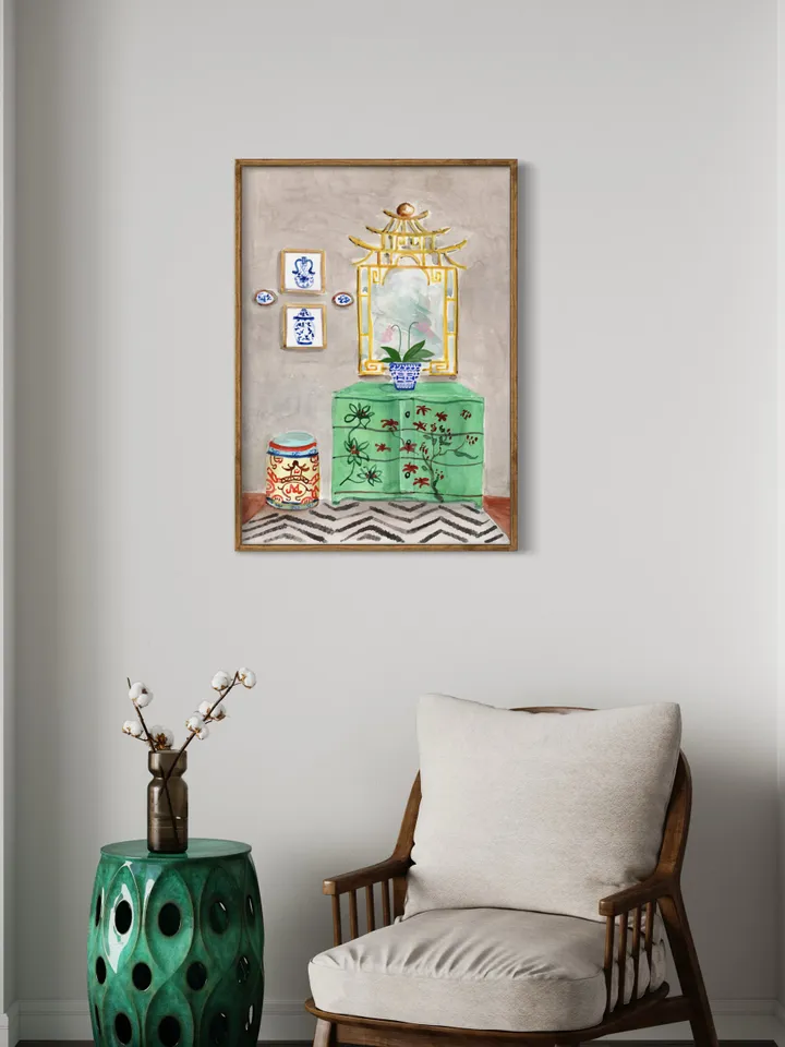 Chinoiserie Decor Watercolor Painting Print Green Chinoiserie Wall Art Painting Of Interior Ginger Jar Impressionist Art Christmas Art Gift
