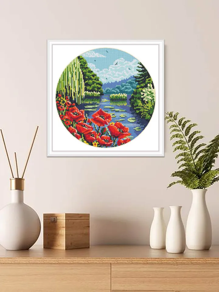 Nature landscape cross stitch pattern download PDF Flowers cross stitch poppies Modern landscape embroidery PDF Nature lover gift #L4