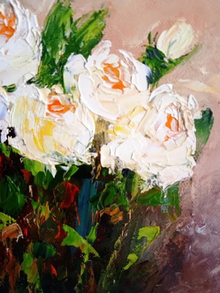 Roses White Flowers Original Oil Painting / Home Decoration / Composition / Art