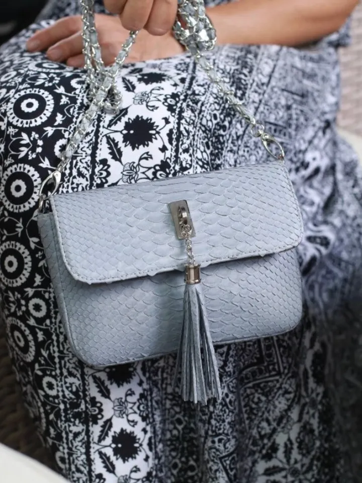 Genuine Python Skin Light Gray Tassel Bag | Leather Crossbody Bag | Clutch Bag | Women Summer Bag | Handmade Bag Grey Detachable Chain Bag