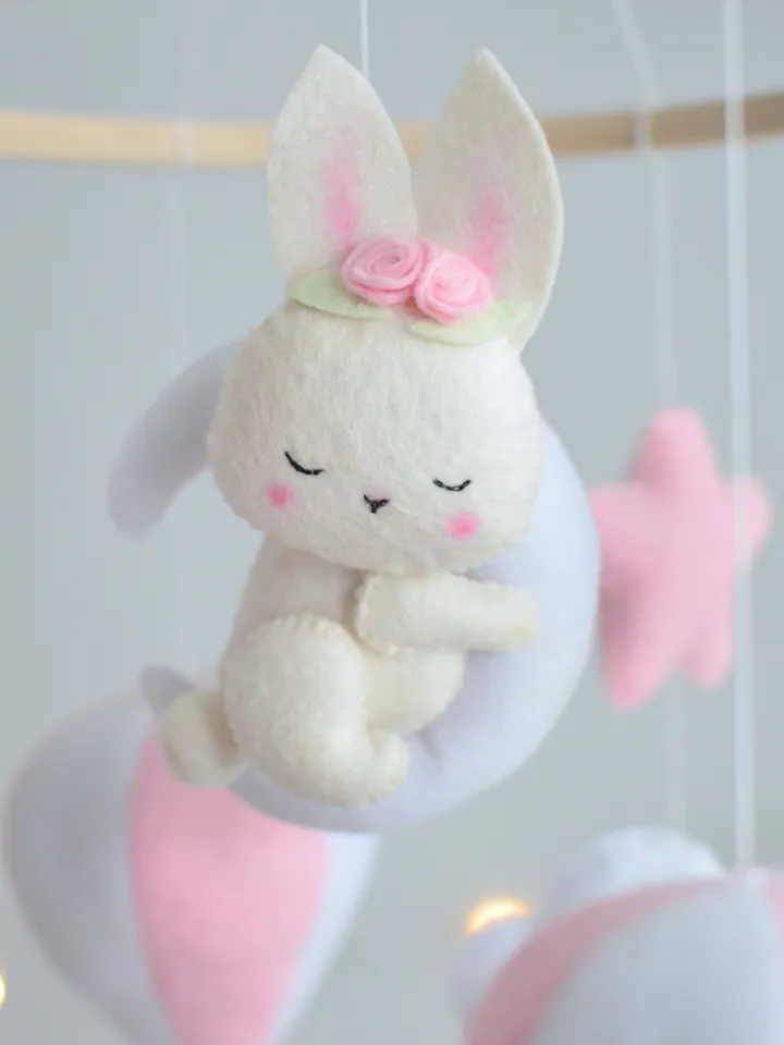 Hand sewn Bunny baby mobile for nursery decor with balloons ,clouds and stars