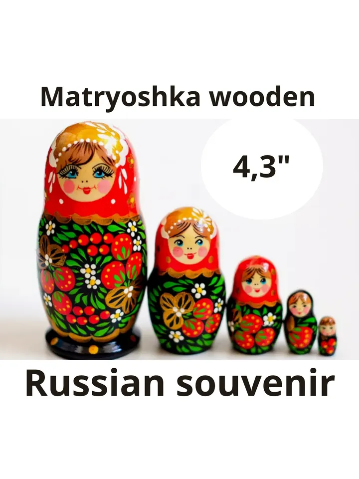 Matryoshka wooden 4,3” souvenir. Set of 5 dolls in 1.