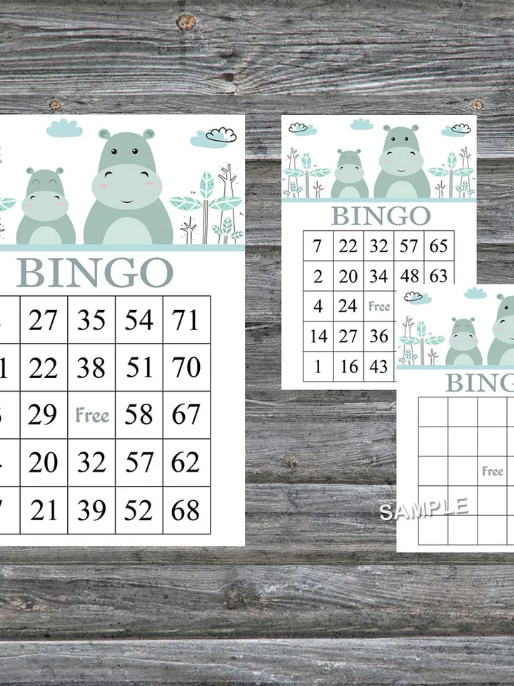 Blue Hippo bingo cards,Hippo bingo game,Hippo printable bingo cards,60 Bingo Cards,INSTANT DOWNLOAD--325