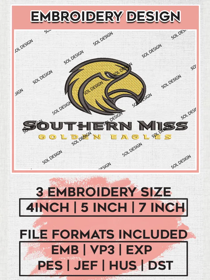 NCAA Southern Miss Golden Eagles Team Logo Embroidery Design Files, NCAA Southern Miss Golden Eagles Machine Embroidery, NCAA Teams, Game Day, 3 sizes, NCAA Machine embroidery designs, Digital Download