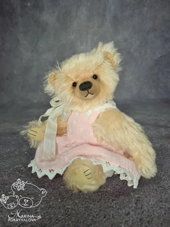 Mohair teddy bear in dress. Jointed bear toy. Handmade teddy bear. Artist bear.
