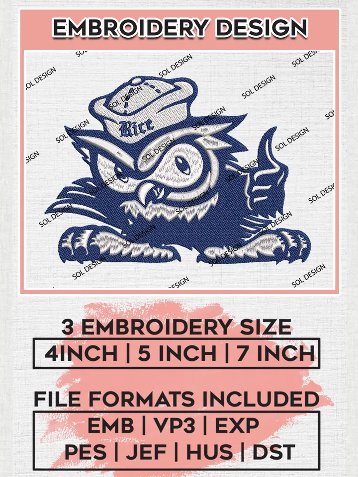 NCAA Rice Owls Logo Embroidery Design Files, NCAA Rice Owls Machine Embroidery, NCAA Teams, 3 sizes, NCAA Machine embroidery designs, Digital Download