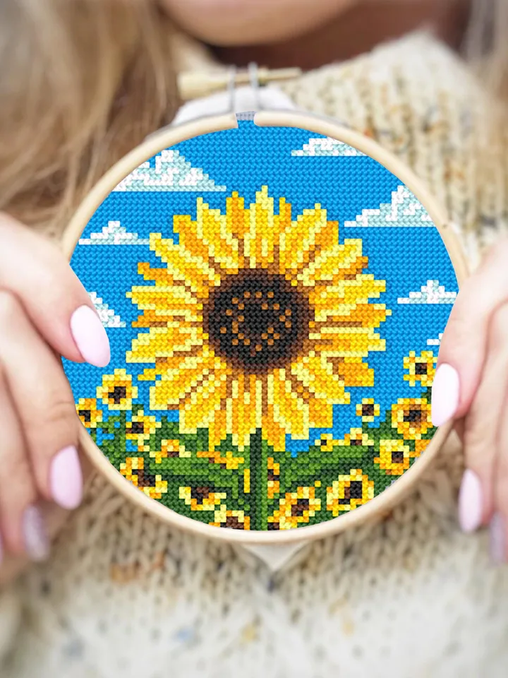 Sunflower cross stitch pattern download PDF, Yellow flowers cross stitch chart, Ukraine sunflower embroidery PDF, Easy beginner stitch #P33