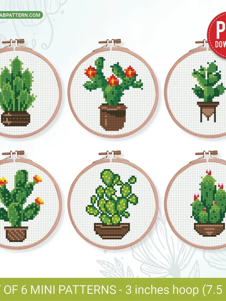 Bundle mini cactus 6 Cross stitch patterns, contemporary plant, Abstract, Floral, beginner, modern chart, gift DIY, embroidery, instant PDF