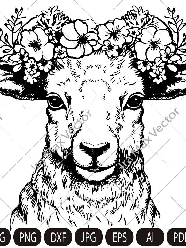 Lamb Svg, Sheep svg, lamb with flower crown, Cute Farm Animal, Livestock,farm life, Lamb Clipart, Lamb Vector, Lamb printable, Lambs svg