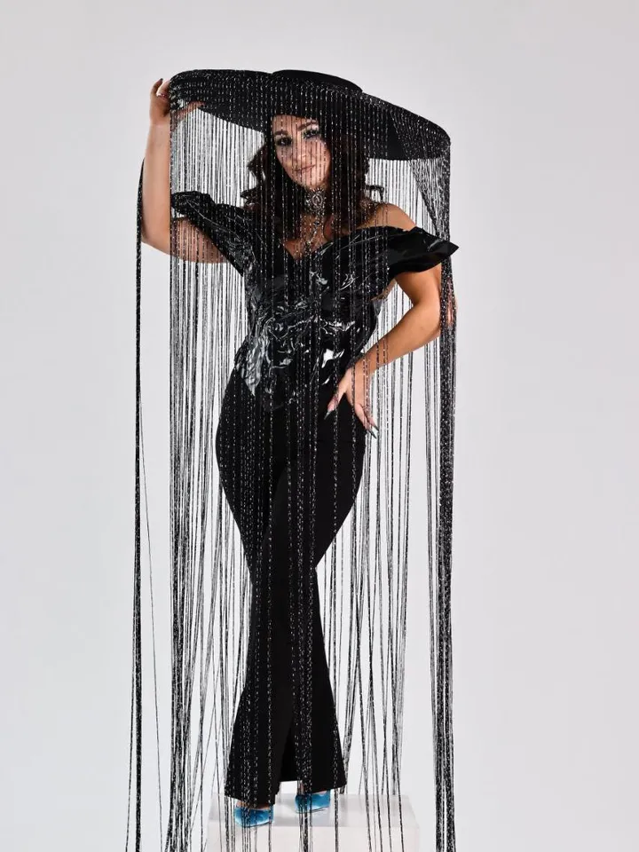 fringed hat, threaded hat, photo shoot hat, black hat. expedited shipping