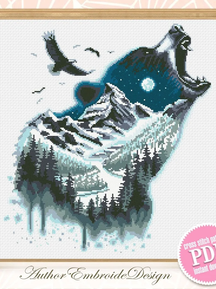 Wild grizzly bear cross stitch pattern PDF download Bear silhouette cross stitch chart, Animal pattern digital PDF, Mountain landscape #L78