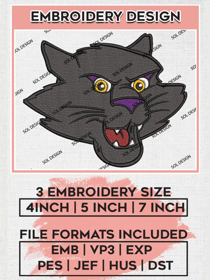 Northern Iowa Panthers Team Head Mascot Logo Embroidery Design Files, NCAA Northern Iowa Panthers Machine Embroidery, NCAA Teams, 3 sizes, NCAA Machine embroidery designs, Digital Download