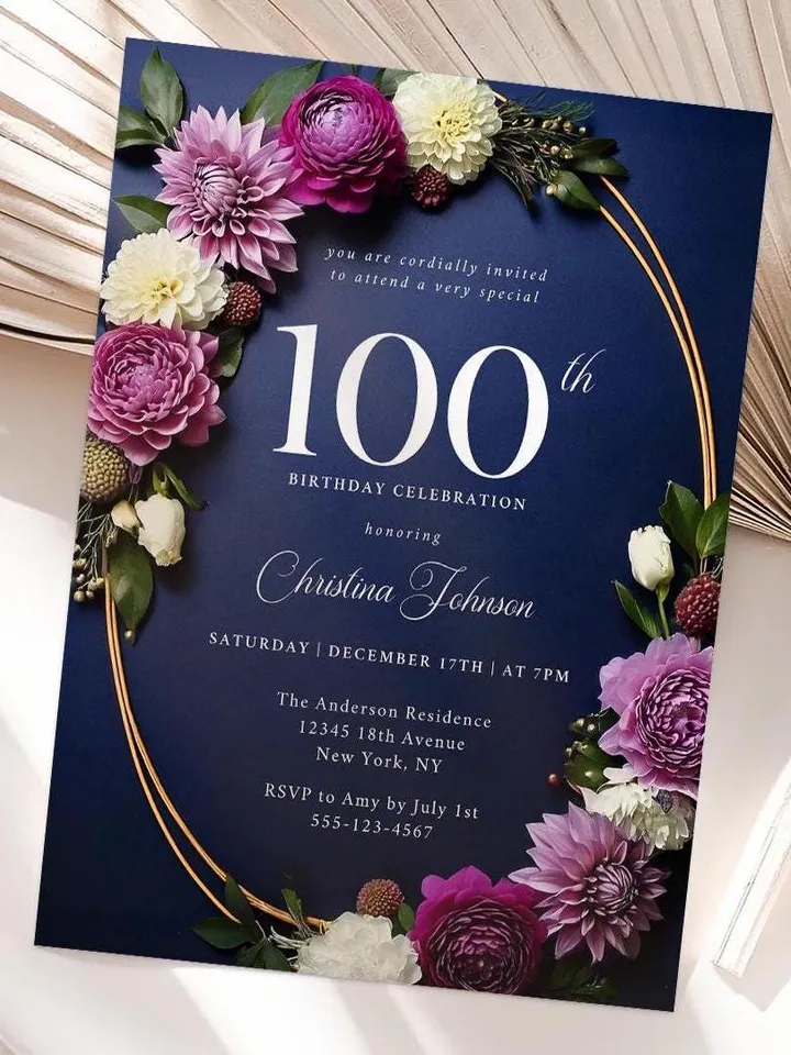 100th Birthday Party Invitation Canva Template for Mother Grandma, Moody Purple Flowers Navy & Gold, 100 Years Loved, Digital Invite