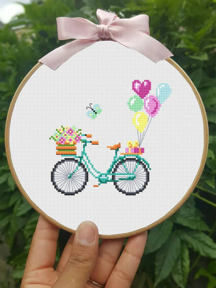 Set Bicycle with flowers cross stitch pattern PDF download Vintage bicycle cross stitch chart Flower basket bike, Bicycle with balloons #O17