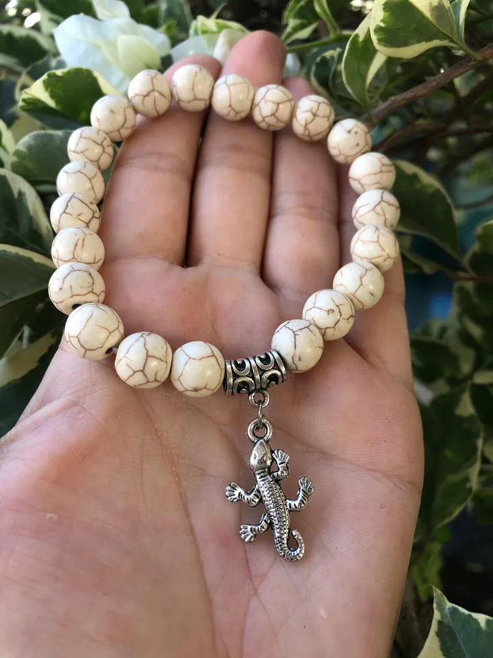 Gekkon White Beige Howlith Bracelet Women | Bali Gekko Bracelet | Handmade White Lizard Bracelet | Beads Jewerly | Handmade Jewerly Womene