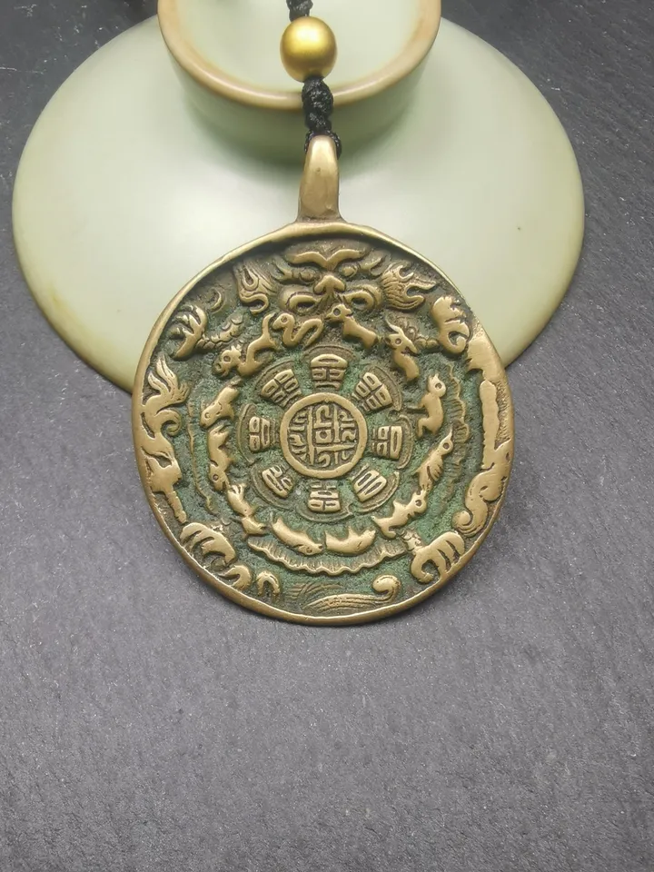 Gandhanra Vintage Tibetan Buddhist Calendar Amulet Sipaho Badge - Lima Brass Melong Mirror Protective Charm Feng Shui Pendant,41mm