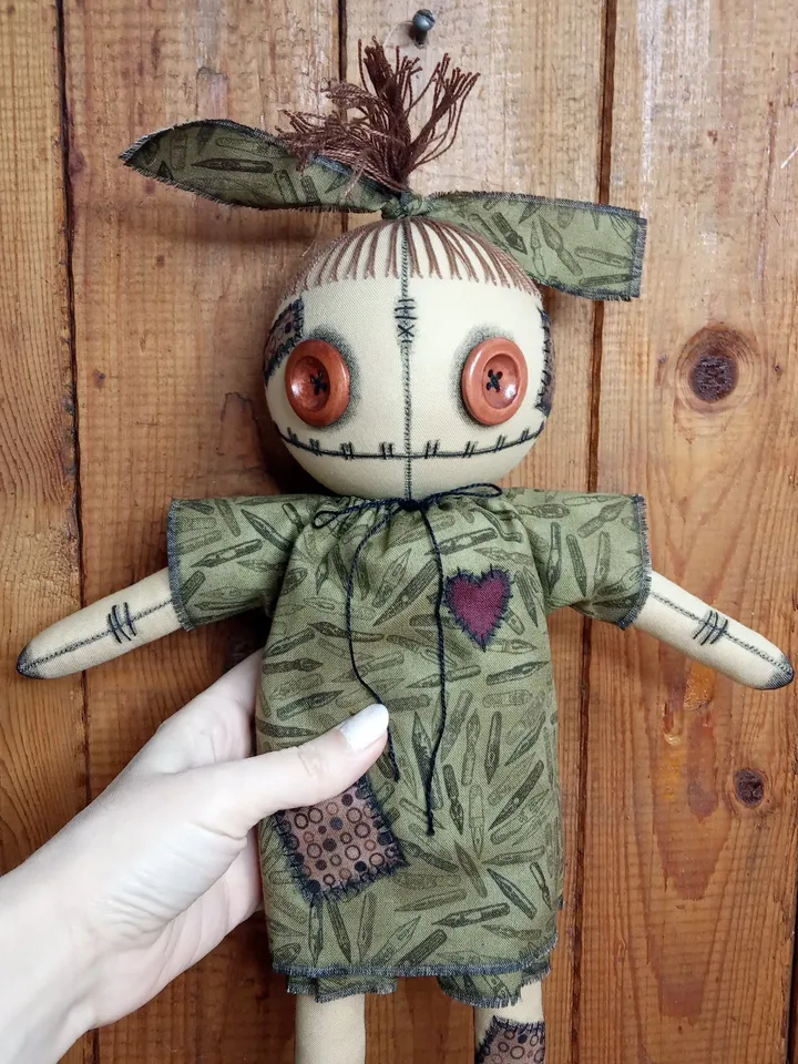 Handmade Doll With Button Eyes (Muddy Green)