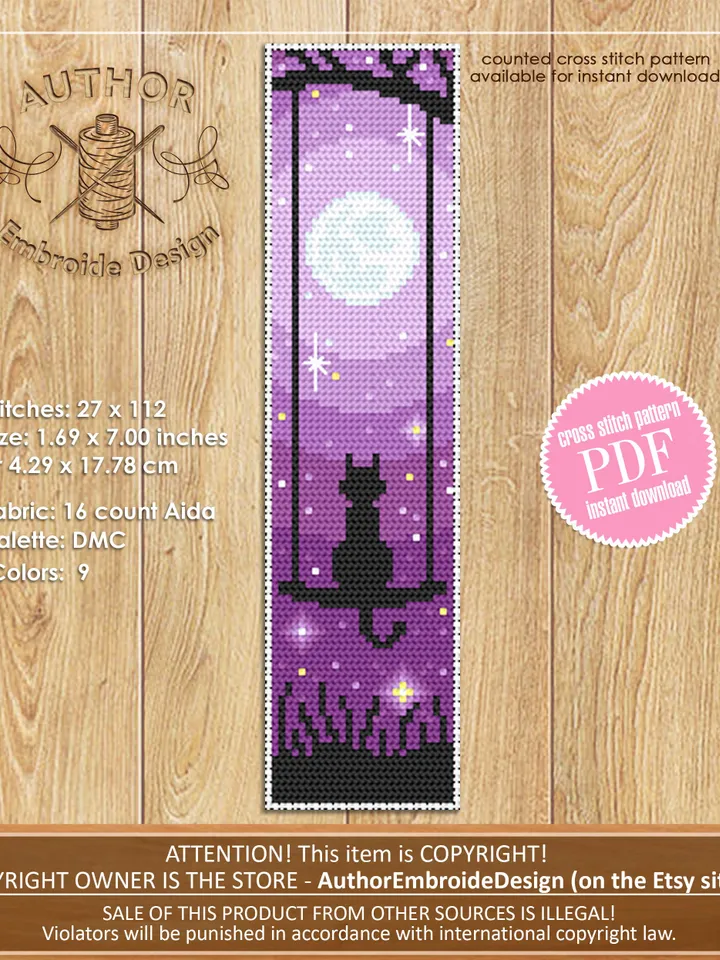 Cat Bookmark cross stitch pattern download PDF Funny handmade bookmark digital PDF, Cute Black cat embroidery, Starry night sky, Moon #B109